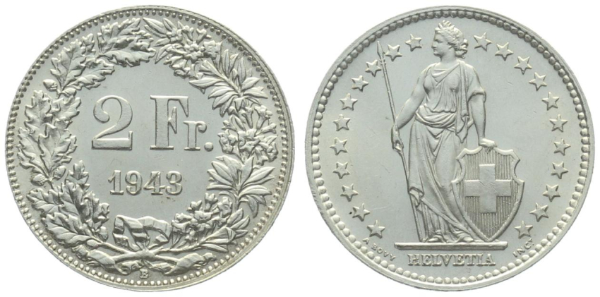 2 Franken 1943 B - fast stempelglanz